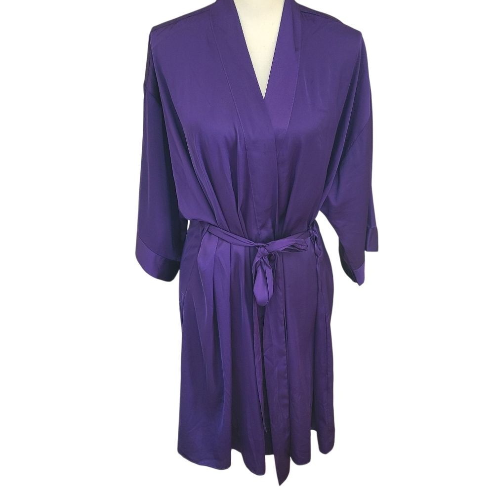 city chic bathrobe silky purple satin short belted knee length size16
